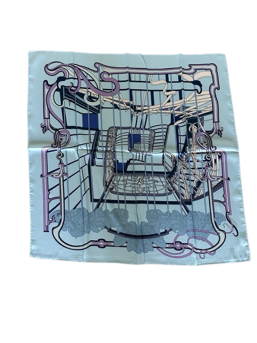 luxury 100% Silk Scarf with Architectural Print in Pale Blue and Lavender 90CM